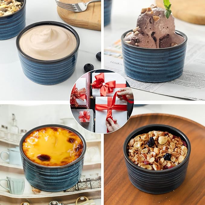 Ceramic Ramekins 6 oz, Oven Safe Souffle Dish Set of 6 for Baking, Porcelain Dipping Sauce Bowls for Creme Brulee,Stackable Custard Cups for Pudding, Ice Cream, Lava Cakes, Blue