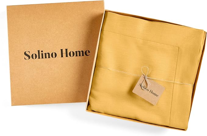 Solino Home Linen Tablecloth 60 x 120 Inch - 100% Pure Linen Mustard Yellow Table Cloth for Rectangle Tables - Fete, Machine Washable Tablecloth for Spring, Easter