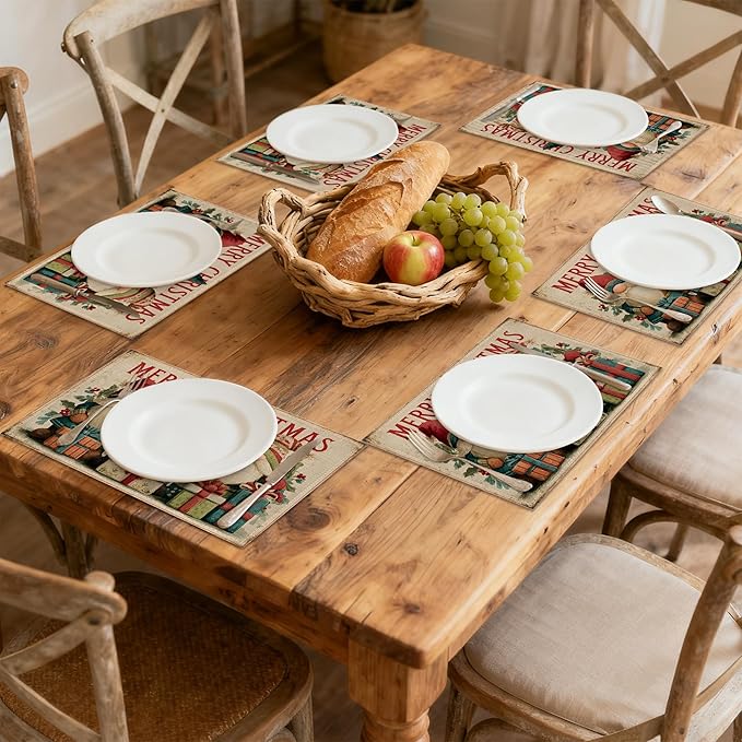 Table Placemats Set of 6, Waterproof Linen Fabric, Non-Slip Backing & Easy Clean, Elegant Dining Table Protectors for Family and Guests (Vintage Christmas Gnome)