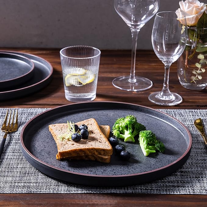 LERATIO Ceramic Dinnerware Sets of 4, High Edge Stoneware Plates and Bowls Set, Chip and Crack Resistant | Oven & Dishwasher & Microwave Safe Dishes Set, Service for 4 -Ashen