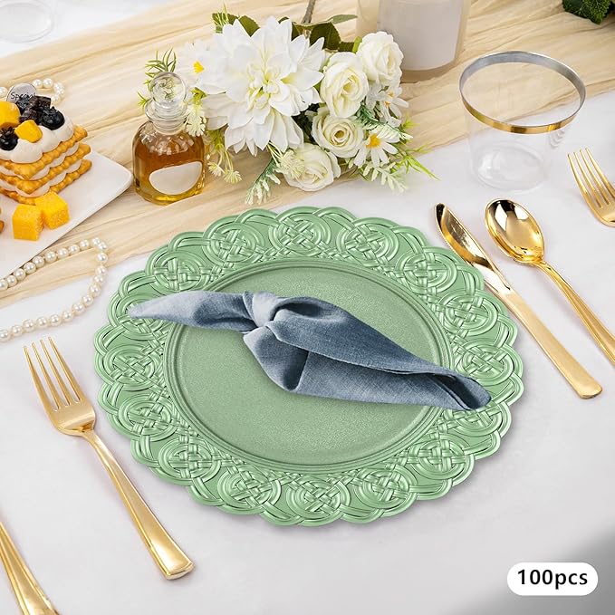 Charger Plates, 100pcs Green 13inch Plastic Dinner Plate, Round Plastic Dinner Plate with Delicate Texture for Parties Wedding (Green)