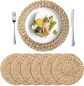 6 Pack 13.8" Woven Placemats, Natural Hand-Woven Water Hyacinth Placemats, Round Braided Rattan Tablemats for Dining Table, Large Weave Round Place Mats Heat Resistant Non-Slip Table Mats, 13.8 Inch