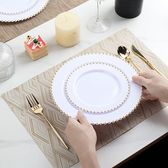 EI 60pcs White Plastic Plates with Gold Rim,Heavy Duty 10" Dinner & 7" Dessert Plate Disposable,White and Gold Plate for Party,Wedding,Birthday,Afternoon Tea,Spring,Mother's Day,Valentine's Day