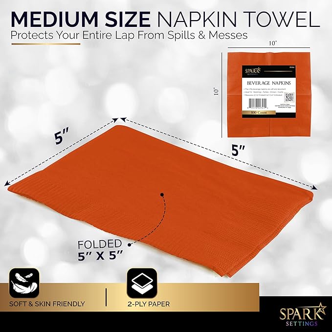 100 Pack Orange Beverage Napkins, Big Party Pack, 2 Ply, Ideal for Wedding, Party, Birthday, Dinner, Lunch, Cocktails. (5” x 5”) by Amcrate