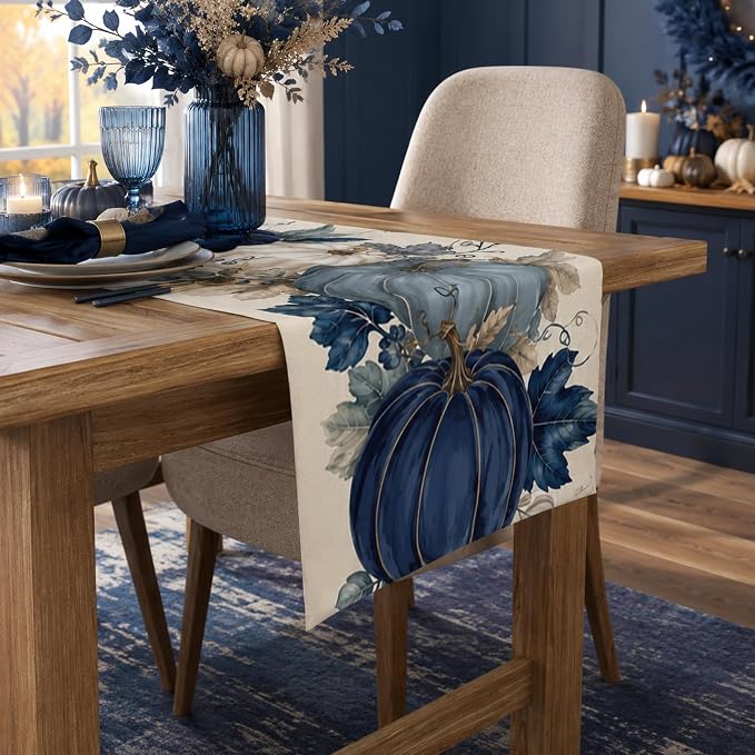 Fall Decor - Blue and White Pumpkin Table Runner | Thanksgiving Decorations | - Image 4