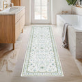 Washable Oushak 2x6 Bathroom Runner Rug, Eclectic Boho Floral Pastel, Non Slip Low Pile Stain Resistant Small Throw Rug for Bedroom, Laundry Room, Powder Room, Cream Green