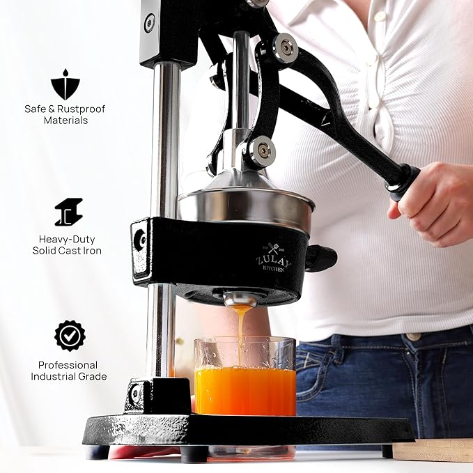 Zulay Kitchen Cast Iron Juicer - Easy-to-Clean Heavy-Duty Manual Juicer, Professional Citrus Juicer - Stainless Steel Lemon Squeezer - Manual Citrus Press & Orange Squeezer - Orange Juicer (Black)
