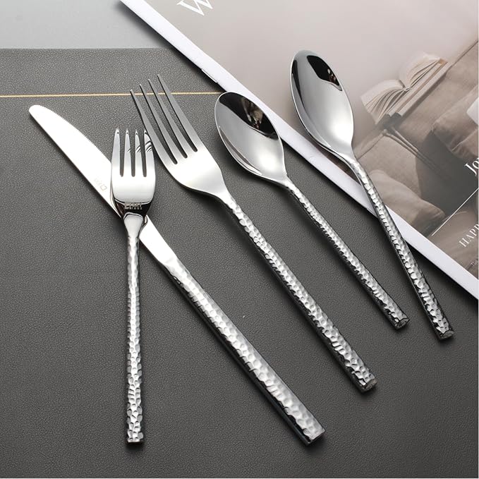 20-Piece Forged Hammered Stainless Steel Flatware Cutlery Set for 4, SXY INOX Includes Dinner Knives,Dinner Forks, Tea Spoons, Dinner Spoons, Salad forks, Mirror Polished - Dishwasher Safe
