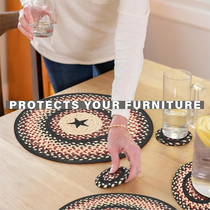 Homespice Primitive Star Gloucester Jute Woven Round Placemats Set of 6, 15", Warm Primitive Decor, Black and Red Table Mats - Vibrant Colors, Durable, Easy to Clean and Protects Furniture