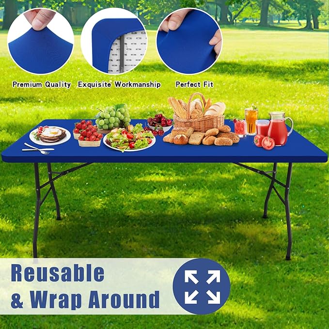 Spandex 6 Foot Rectangle Table Cloth 2 Pack, Elastic Fitted Tablecloths for Picnic, Stretch Washable Patio Table Cover for Outdoor, Camping, Banquet and Parties (Blue, 30"x72")
