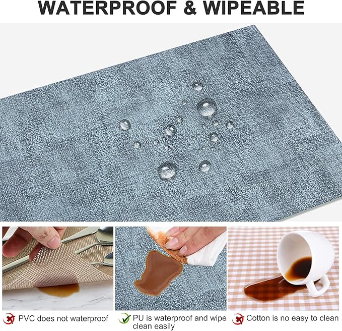 Leather Heat Resistant Placemats Set of 6 Waterproof Wipeable Washable PU Table Mats,Easy to Clean Anti-Slip Place Mats (Blue, 6)