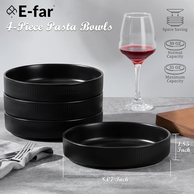 E-far Pasta Bowls Set of 4, 35oz Large Salad Bowl Plate - Image 2