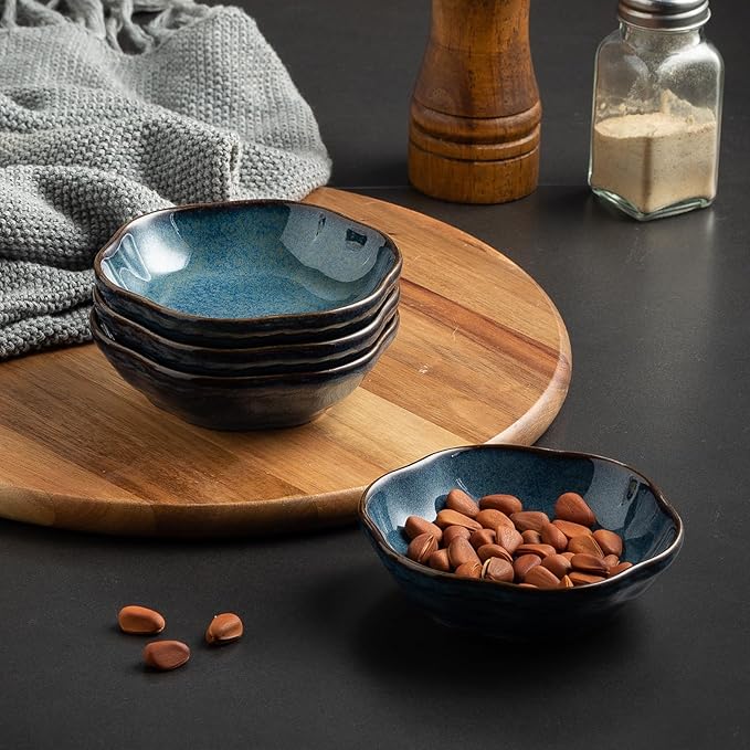 4.4Oz Kiln-Changed Dipping Bowls, 4.3 Inches Ceramic Flower-Shaped Soy Sauce Dishes, Small Appetizer/Side Plates Set of 4 (blue)