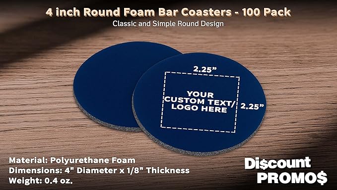 100 Round Foam Bud Coasters Pack, 4 inch - Customizable Text, Logo - PU Foam, Party Favor - Navy Blue