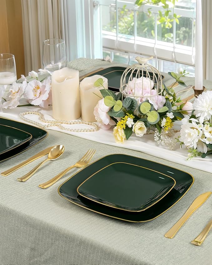 bUCLA 50PCS Green and Gold Plastic Plates - Green Gold Square Plastic Disposable Include 25 Each (Dinner & Dessert) Plates, Ideal for Party & Christmas