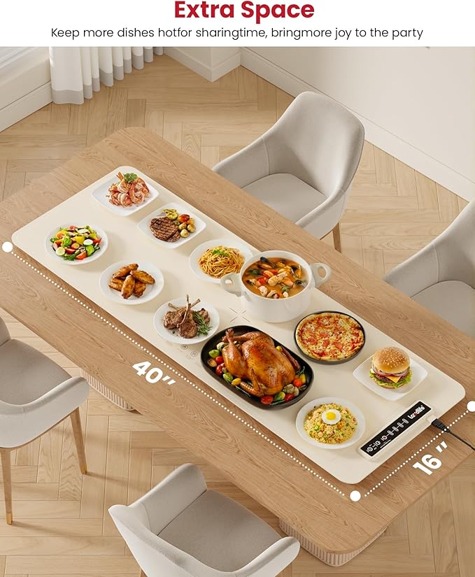Extra Large Food Warming Mat for Countertop (XXXL 40”x16”) - Full-Surface Heating Pad with 4 Temps Settings, Ideal for Buffet Party Food Warmer, Roll-Up Electric Warming Tray for All Gathering, Beige