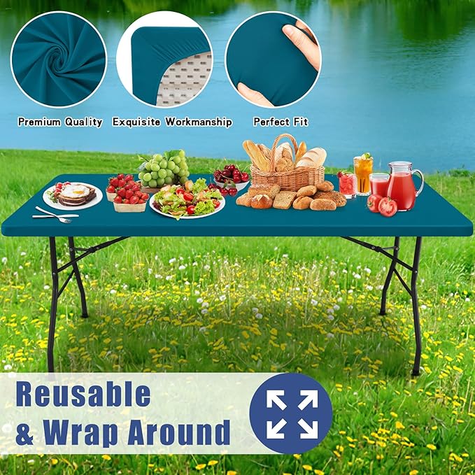 Spandex 4 Foot Rectangle Table Cloth 2 Pack, Elastic Fitted Tablecloths for Picnic, Stretch Washable Patio Table Cover for Outdoor, Camping, Banquet and Parties (Peacock Blue, 24"x48")