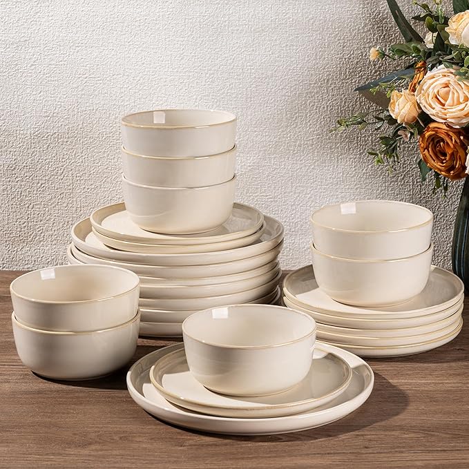 GBHOME Ceramic Dinnerware Sets for 8, 24 Pieces Stoneware Plates and Bowls Sets, Scratch Resistant Dishes, Dishwasher & Microwave Safe, Reactive Glaze-Vanilla color