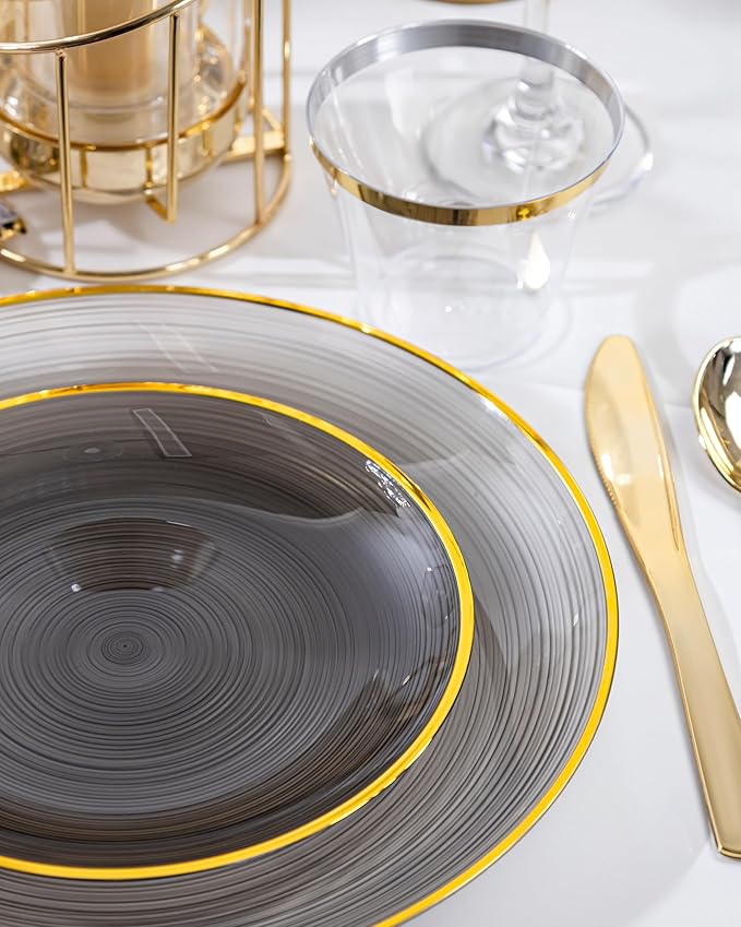 Morejoy 100Pcs Black Plastic Plates,Black Disposable Plates With Gold Rim,Heavy-duty Gold Plate, Modern swirl design Plate Include 50Clear Dessert-plates,50Dinner-plates for Party,New Year