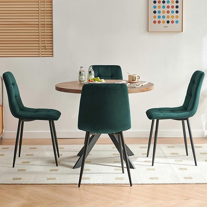5-Piece Round Dining Table Set - Kitchen Table Chairs Set of 4 with Green Velvet Upholstered Chairs -Dining Table Set for 4