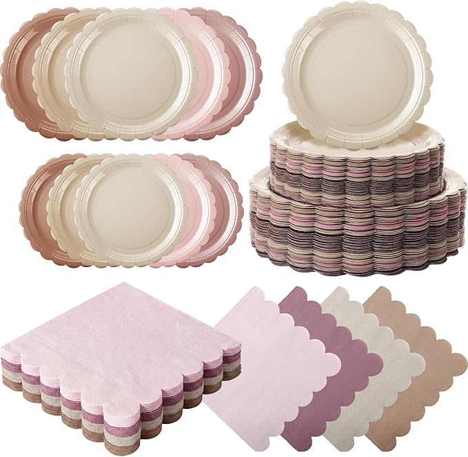 200pcs Boho Party Supplies Plates and Napkins Tableware Set Serve 25 Guests Includes Scalloped 9" 7" Paper Dessert Dinner Plate Napkins for Spring Birthday Wedding Baby Shower Tea Party