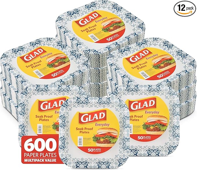 Glad Square Disposable Paper Plates, Blue Victorian Pattern - Strong, Sturdy, Soak Proof, and Microwavable Decorative Plates for Dinner and Everyday Use, 10 Inch, 50 Count - 12 Pack