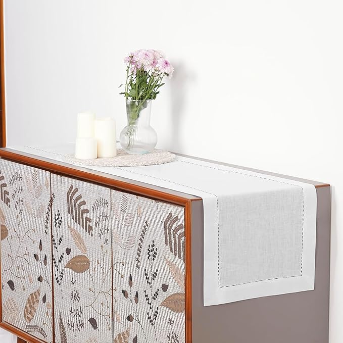 D'Moksha Homes Linen White Table Runner 120 Inches Long - 100% Pure Linen Hemstitch 14 x 120 Inch Table Runner for Dining, Valentines, Spring, Easter - Classic Hemstitch
