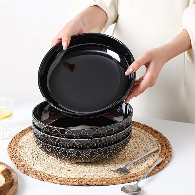 Sureasy Pasta Bowls Set of 4-30oz Large Embossed Salad Bowls, 8.5 Inch Wide and Shallow Plate Bowls, Salad Bowl, Microwave, Oven & Dishwasher Safe, Black