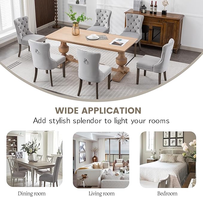 KCC Velvet Dining Chairs Set of 4, Upholstered High-end Tufted Dining Room Chair with Nailhead Back Ring Pull Trim Solid Wood Legs, Nikki Collection Modern Style for Kitchen, Light Grey