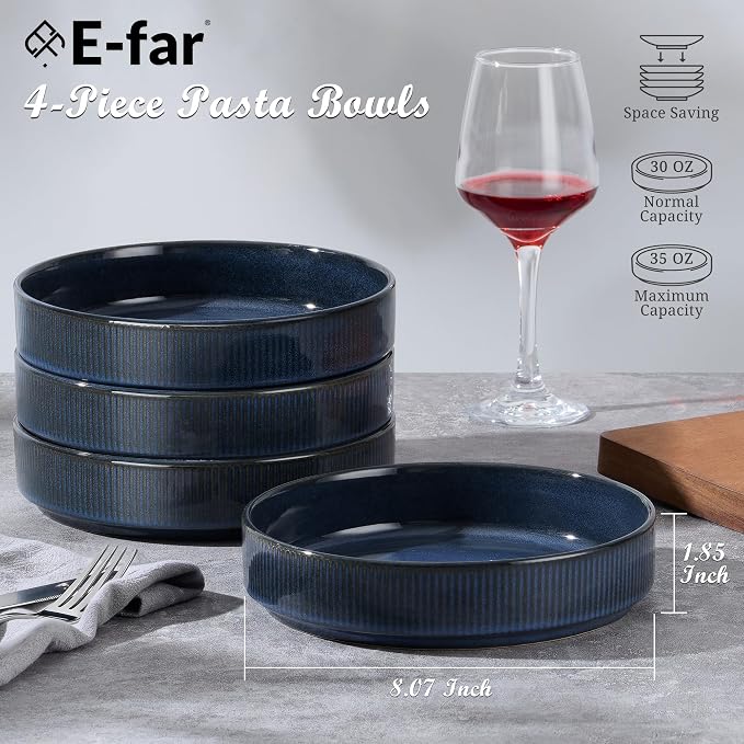 E-far Pasta Bowls Set of 4, 35oz Large Salad Bowl Plate - Image 2