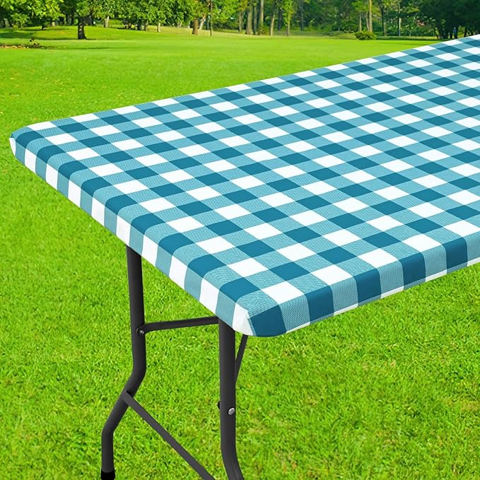 Smiry Rectangle Picnic Table Cloth, Elastic Waterproof Fitted Vinyl Tablecloths, Flannel Backed Buffalo Plaid Table Covers for Dining, Camping, Outdoor (White and Turquoise, 24" x 48")
