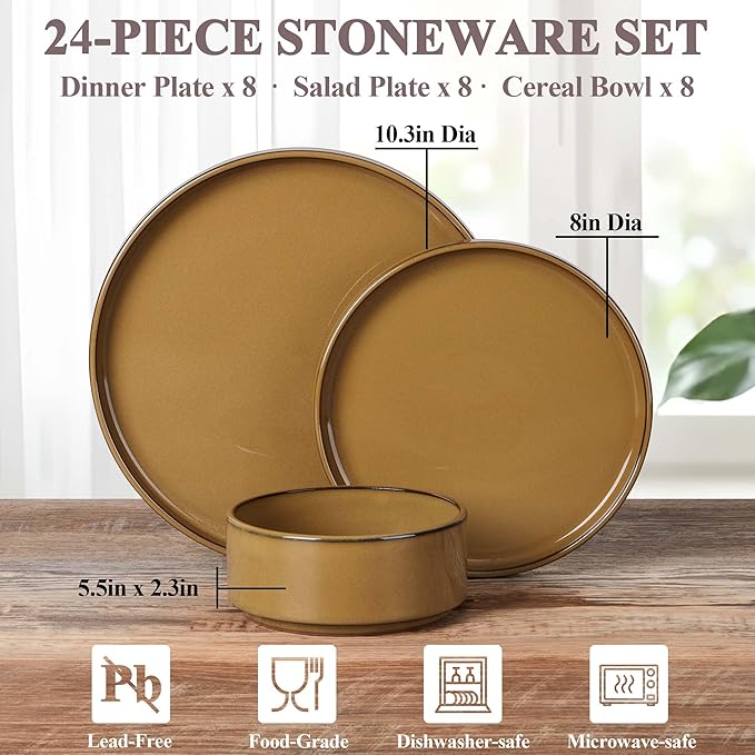 Herogo 24 Pieces Stoneware Dinnerware Set for 8, Ceramic Dinner Dishware Sets for Home Kitchen, Plates and Bowls with Rustic Terracotta Bottom, Dishwasher & Microwave Safe, Earthen Brown