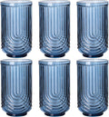 Blue Vintage Drinking Glasses Set of 6-17oz Hand-Blown Highball Ribbed Glassware by TrophyToast