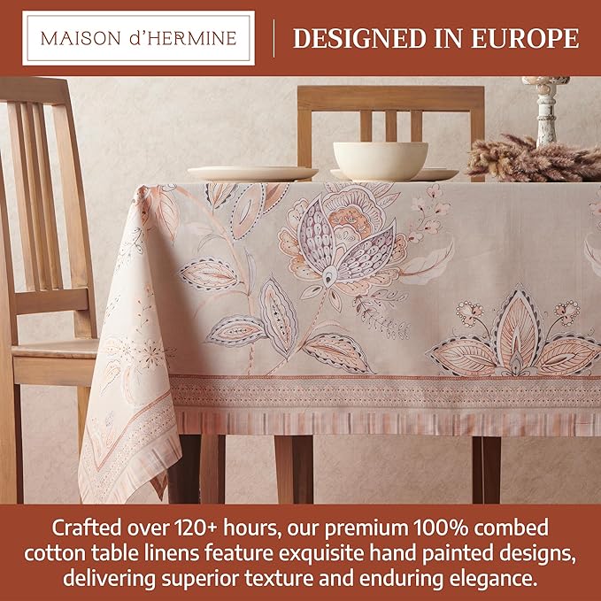 Maison d' Hermine Premium Table Cloth Rectangle Table 100% Combed Cotton 120 x 70 Inches Tablecloth Reusable Decorative for Dining Room, Farmhouse, Home, Party, Festive & Wedding - Society Florals
