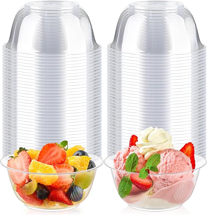 8 oz Small Clear Plastic Bowls, 100 Pack | Disposable Hard Plastic Party by Qeirudu