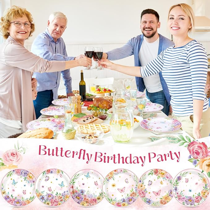 Gerrii 60 Pcs Butterfly Floral Party Plates 7 Inch Spring Butterfly Disposable - Image 5