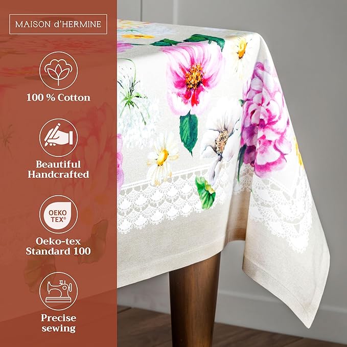 Maison d' Hermine Table Cloth Square Table 100% Cotton 54 x 54 Inches Tablecloth Reusable Decorative for Dining Room Farmhouse Home Valentines Day Decorations Spring Summer - Pivoine