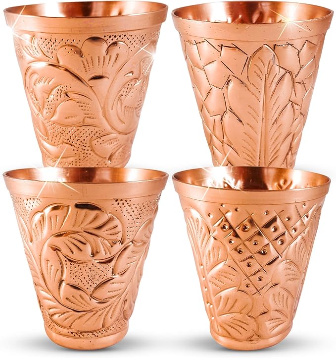 Pure Copper Shot Glasses (Set of 4) - Moscow Mule Drinking Shot Glass for Home, Kitchen, Bar - Barware Drinking Glass for Tequila Vodka Cocktail Shooters - Custom Embossed Metal Drinkware Gift