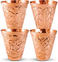 Pure Copper Shot Glasses (Set of 4) - Moscow Mule Drinking Shot Glass for Home, Kitchen, Bar - Barware Drinking Glass for Tequila Vodka Cocktail Shooters - Custom Embossed Metal Drinkware Gift