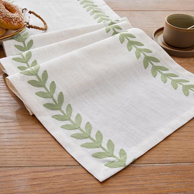 Embroidered Table Runner, Light Green Table Runners 108 Inches Long | Linen by Aoztio