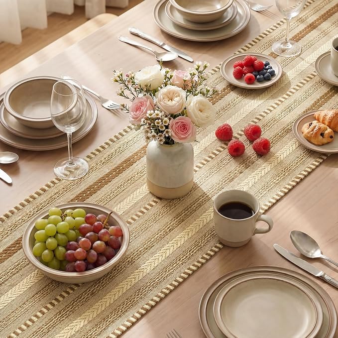 Artoid Mode Coffee Farmhouse Stripe Braided Table Runner 12x90 Inch | Holiday - Image 4