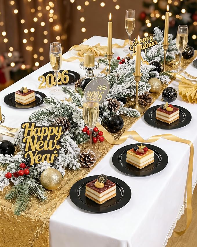 bUCLA 100 Pieces Black Plastic Plates - 6.25 inch Disposable Dessert/Salad/Appetizer/Small Cake Plates for Party, Graduation & New Year