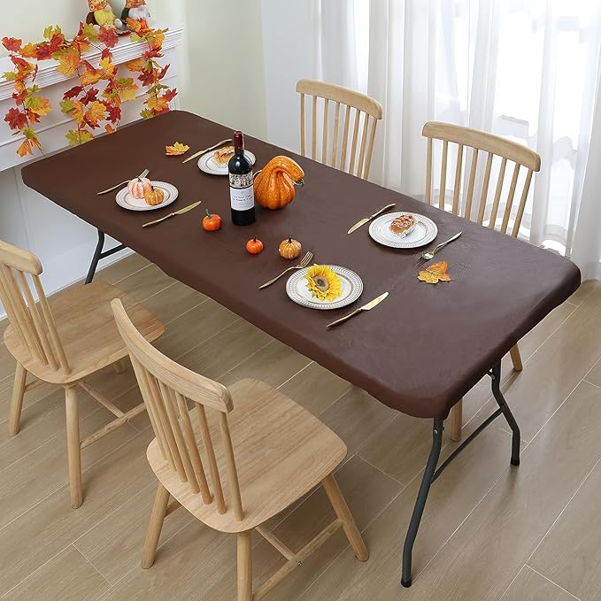 Smiry Rectangle Tablecloth, Elastic Fitted Flannel Backed Vinyl Tablecloths for 5ft Folding Tables, Waterproof Wipeable Table Covers for Indoor, Outdoor, Picnic and Camping (Coffee, 30"x60")