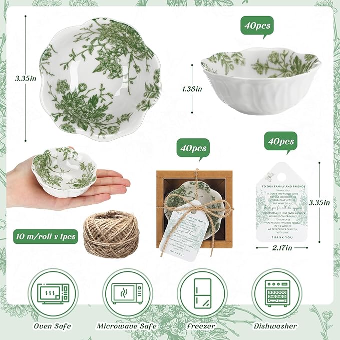 40 Pack Wedding Favors for Guests Small Ceramic Bowls Bulk Gifts Set 3.3 Inch Sage Green Verdure Design Mini Dipping Bowl Sauce Dish with Cards Box for Party Shower Favor Souvenir