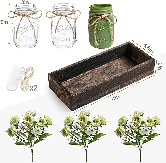 3 Pcs Mason Jar Centerpiece Table Decorations for Dining Farmhouse Coffee Table Decor with Wood Tray and Led Light Table Centerpieces for Dining room Kitchen Living Bathroom,Green