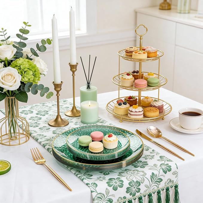 Rubtlamp 175 Pcs Green Plastic Plates Dinnerware Set (25 Guests), Hammered Plates Sets, Green Plastic Party Plates Set include 50 Disposable Plates Set, 75 Gold Plastic Silverware, 25 Cups 25 Napkins