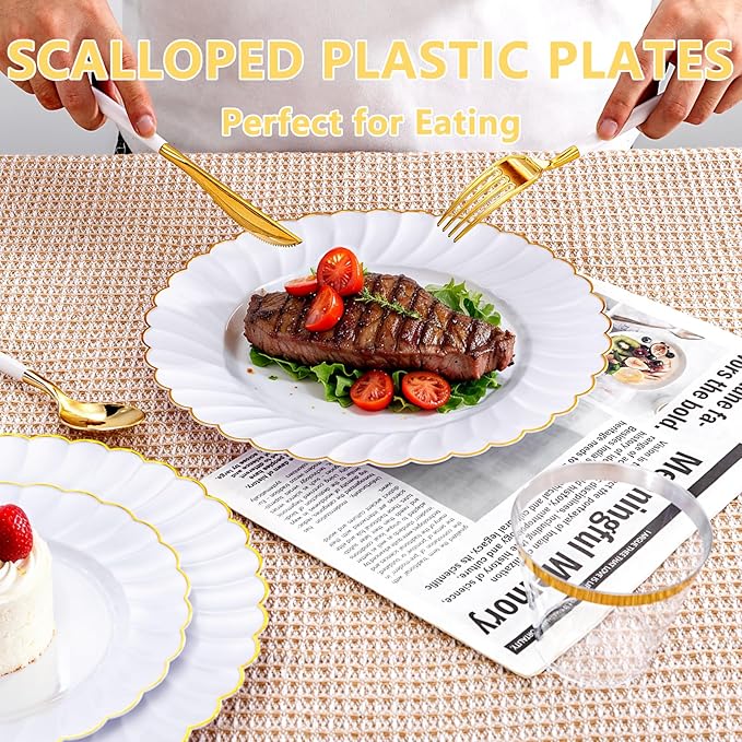 Ciaell 175 PCS White Scalloped Plastic Plates with Gold Trim - Gold Plastic Silverware with Handle - Fancy High-End Dinnerware Sets for Wedding & Party(25 Guests)