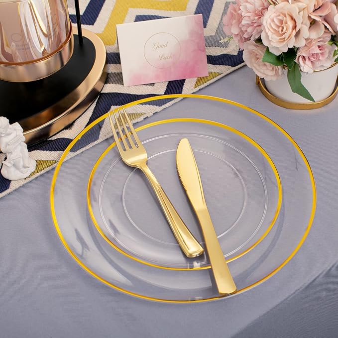 Rubtlamp 140Pcs Gold Plastic Plates, Clear Disposable Plates with Gold Trim, gold Dinnerware Include 20Dinner Plates,20Salad Plates, 20Cups,20Silverware With Pre Rolled Napkins