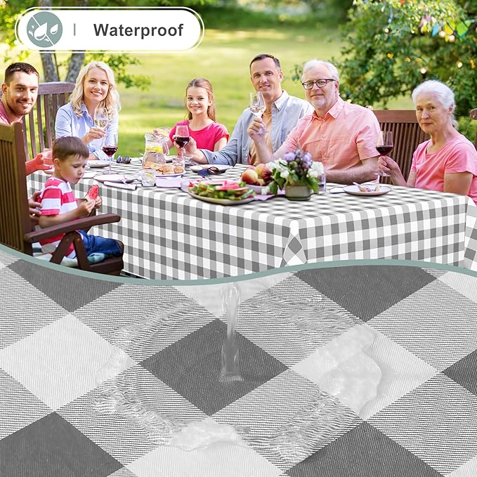 misaya Rectangle Waterproof Vinyl Table Cloth, Buffalo Flannel Backed Tablecloth, Wipeable Plastic Table Cover for Dinner, Kitchen, Outdoor (52" x 70", Grey and White)