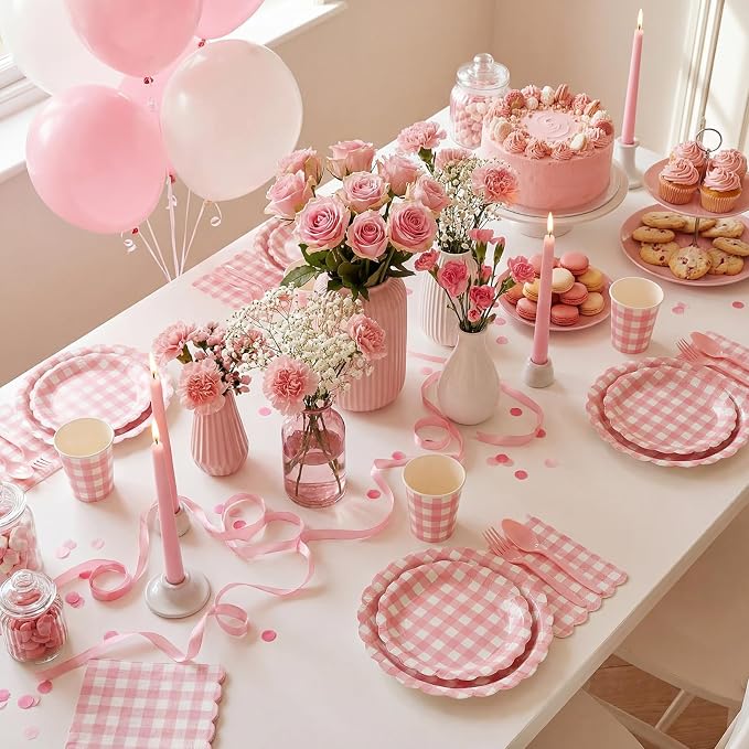 Yaomiao 168 Pcs Pink Gingham Plates and Napkins Pink Princess Party Decor - Image 6